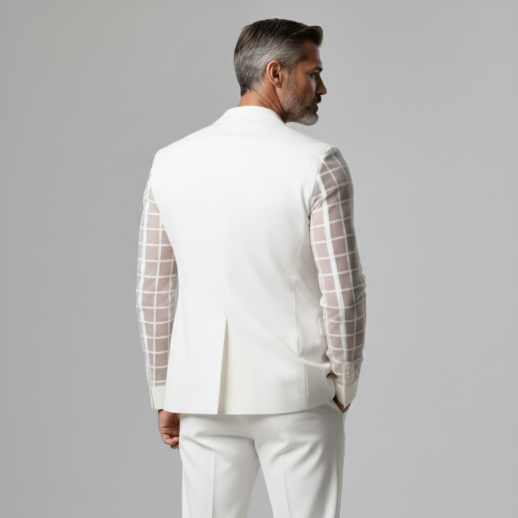 Men's Fashion White Patchwork Sheer Plaid Organza Peak Lapel Long Sleeve Blazer