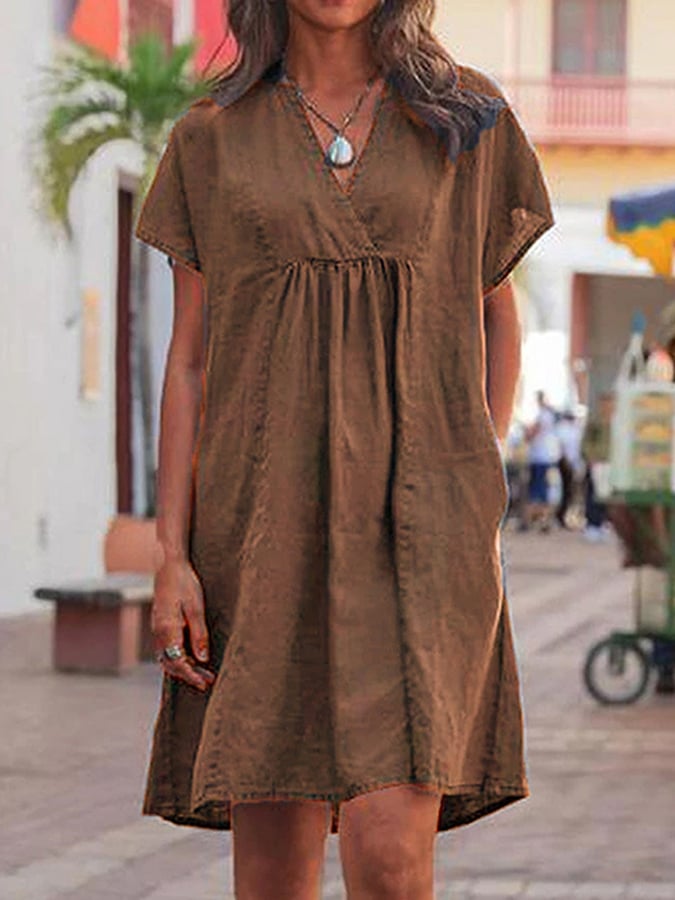 Women's Cotton Linen V Neck Loose Casual Dress