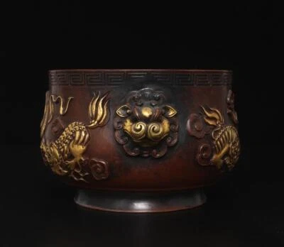 Chongzhen Signed Old Chinese Red Copper Gilding Incense Burner w/lion