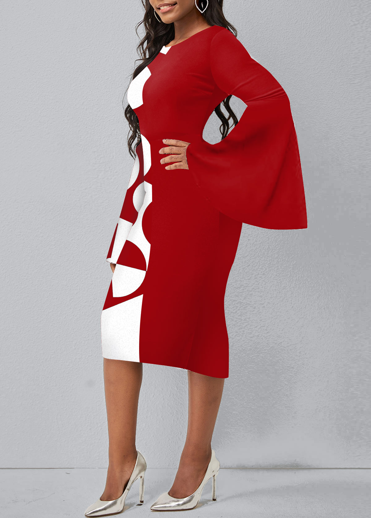 Geometric Print Flare Sleeve Dress