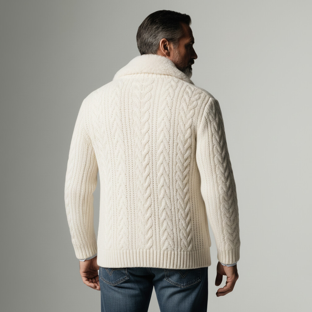 Men's Beige Fur Collar Long Sleeve Button Patch Pocket Cable Knit Cardigans