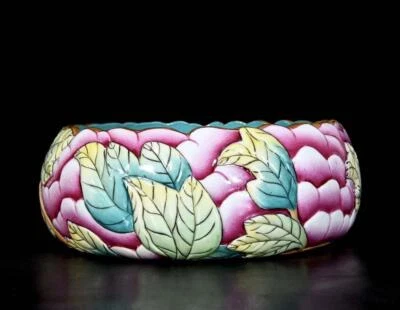 Qianlong Signed Old Chinese Colour Enamel Brush Washer W/louts flower N3761