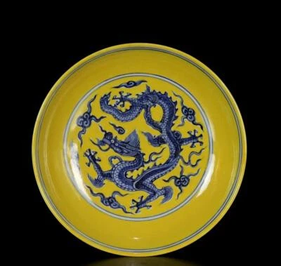 Xuande Signed Old Chinese Blue and White High Dish Plate W/dragon N550