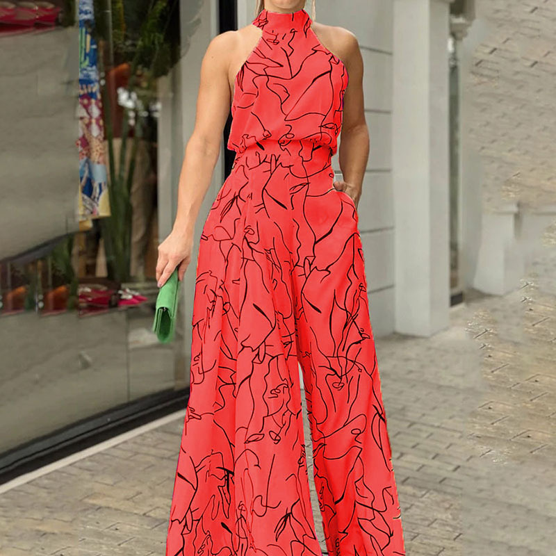 Ladies Elegant Waist Tie Sleeveless Halter Print Jumpsuit