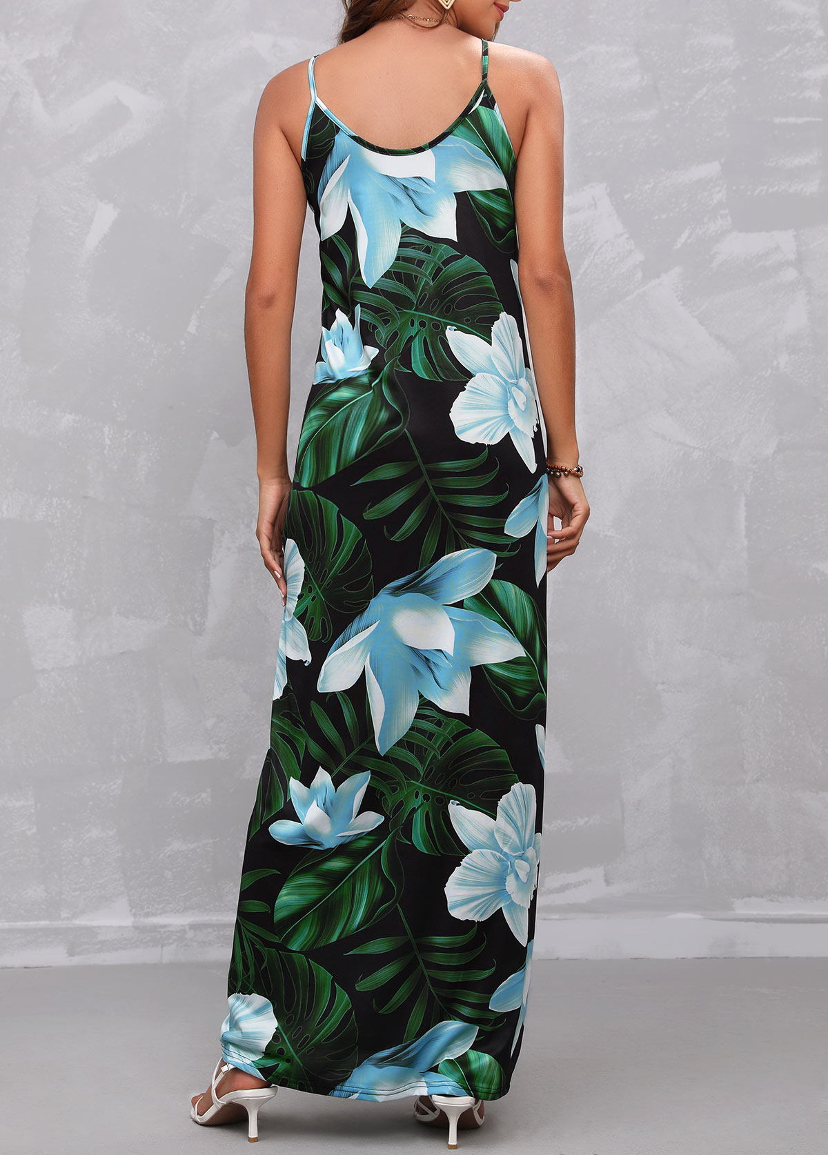 Double Side Pockets Floral Print Blue Dress