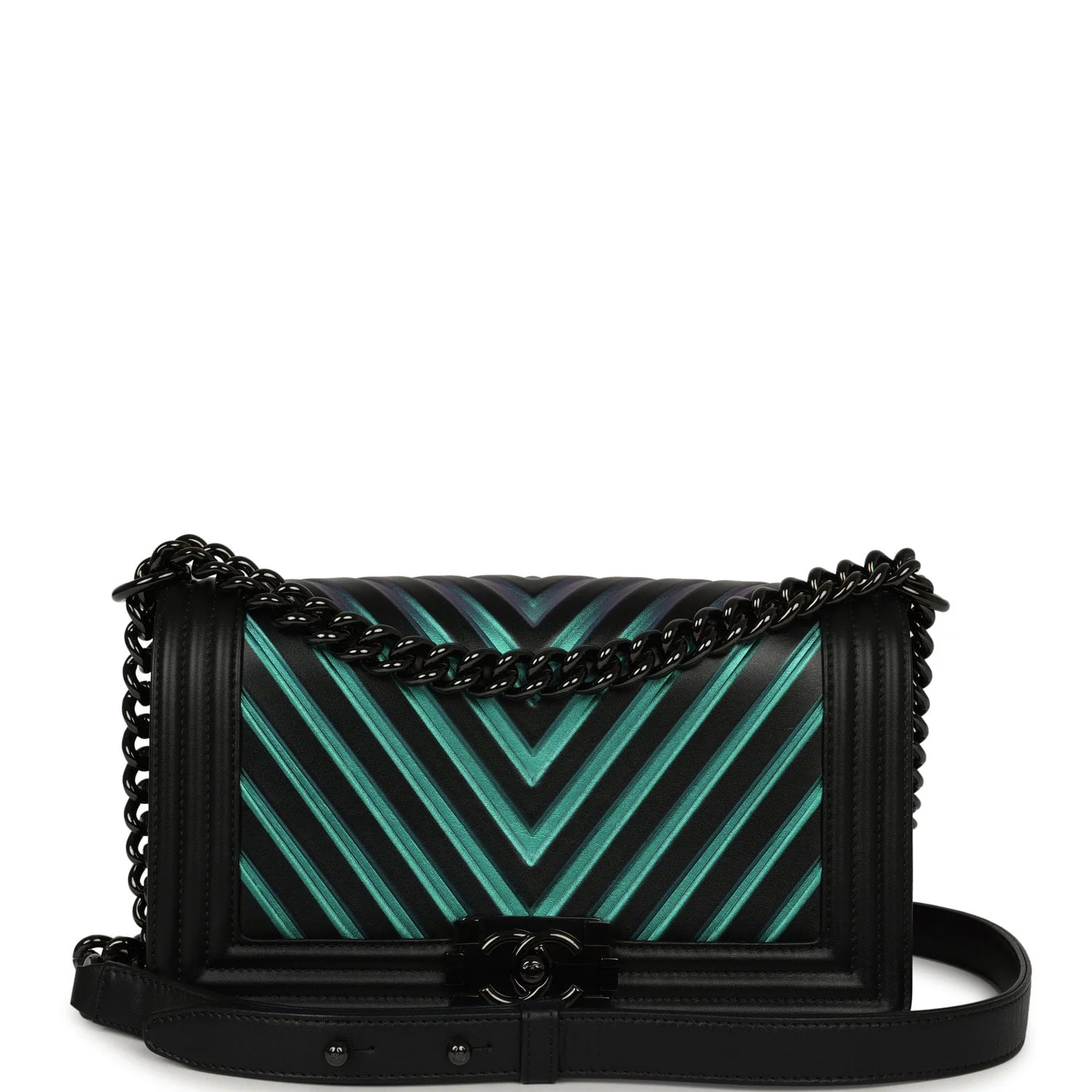CHANEL Medium Iridescent Chevron Boy Bag Black, Multicolored Calfskin Black Hardware