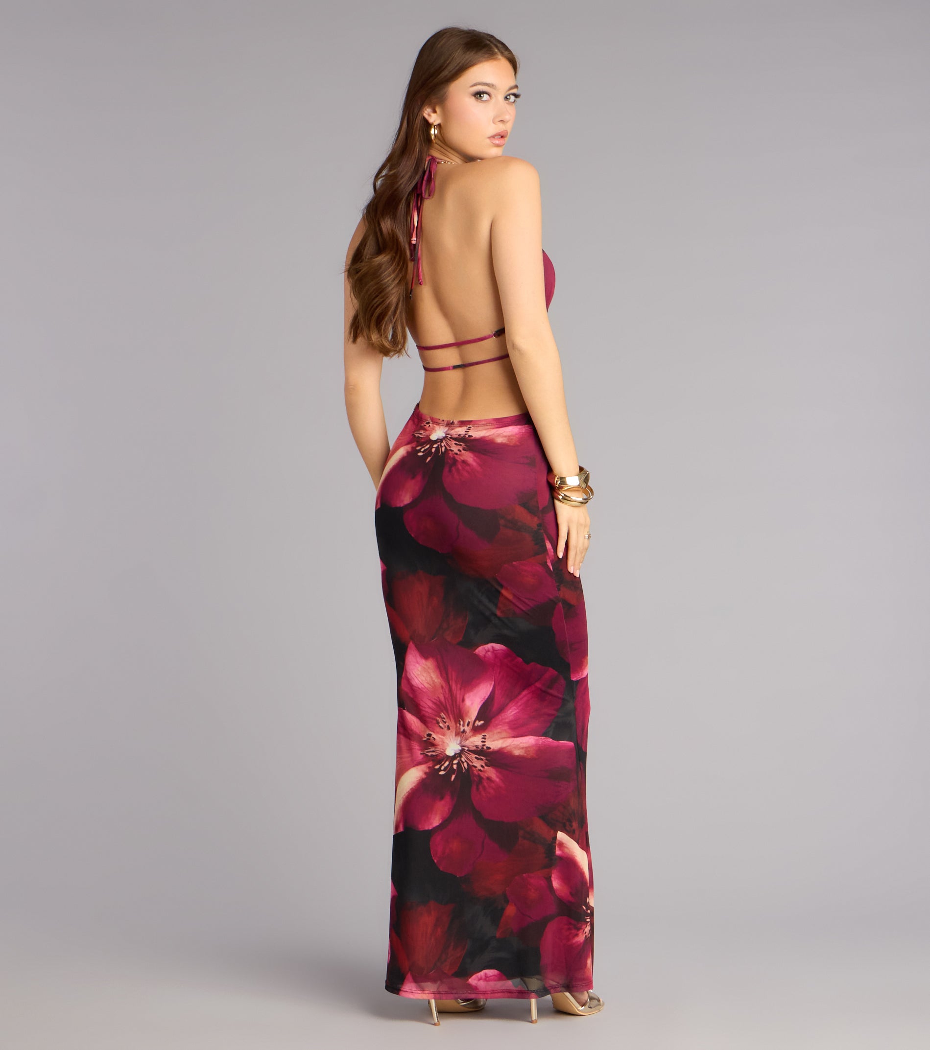 Garden After Dark Plunge Halter Maxi Dress