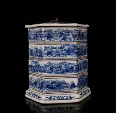 Qianlong Signed Old Chinese Blue and White Food Box W/kids N1591