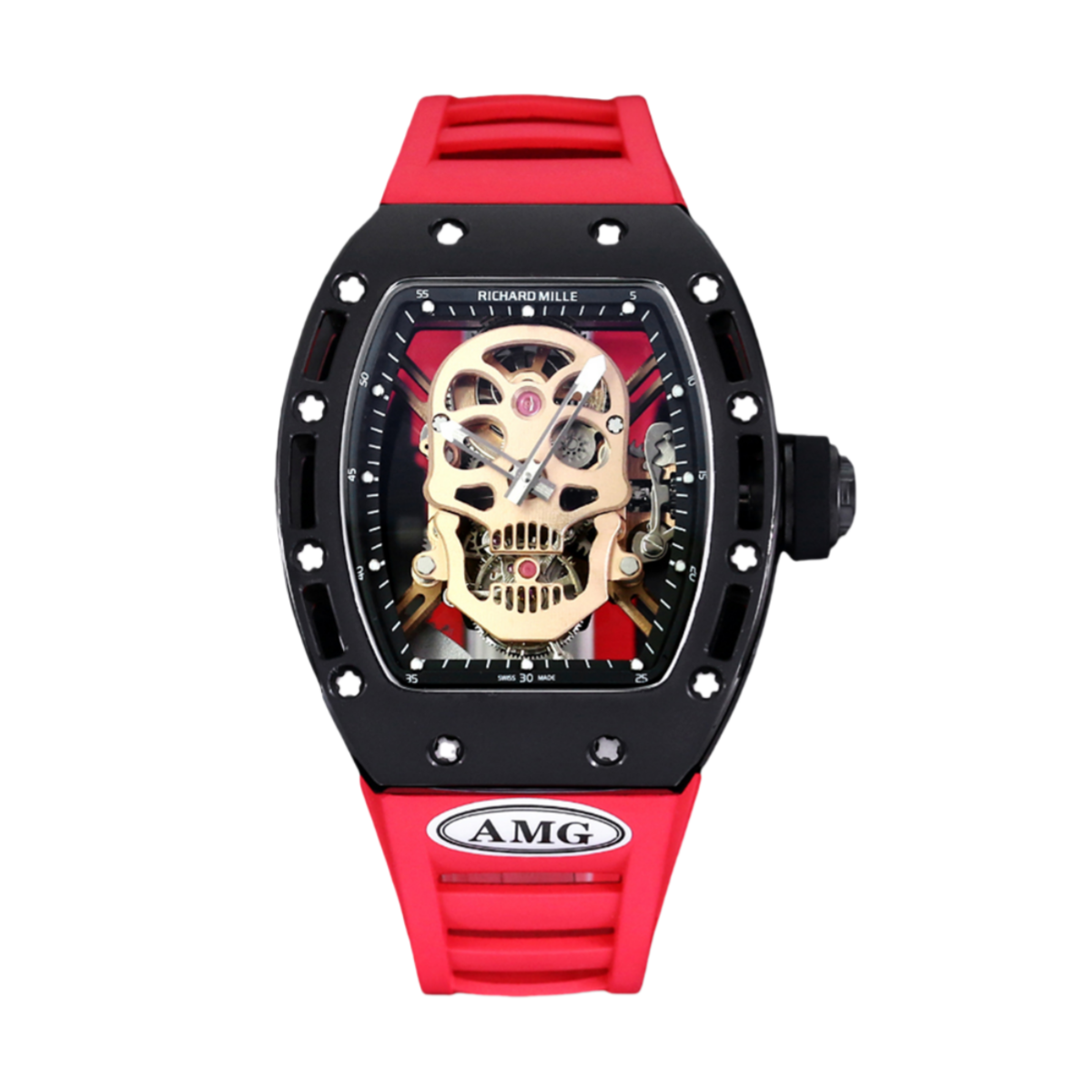 【7A Quality】Best Swiss Replica RICHARD MILLE RM 52 Watch – Skeleton Tourbillon , Red Strap