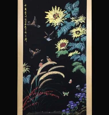 Wang Xuetao Signed Chinese Hand Painted Calligraphy Scroll w/ sunflower N2713