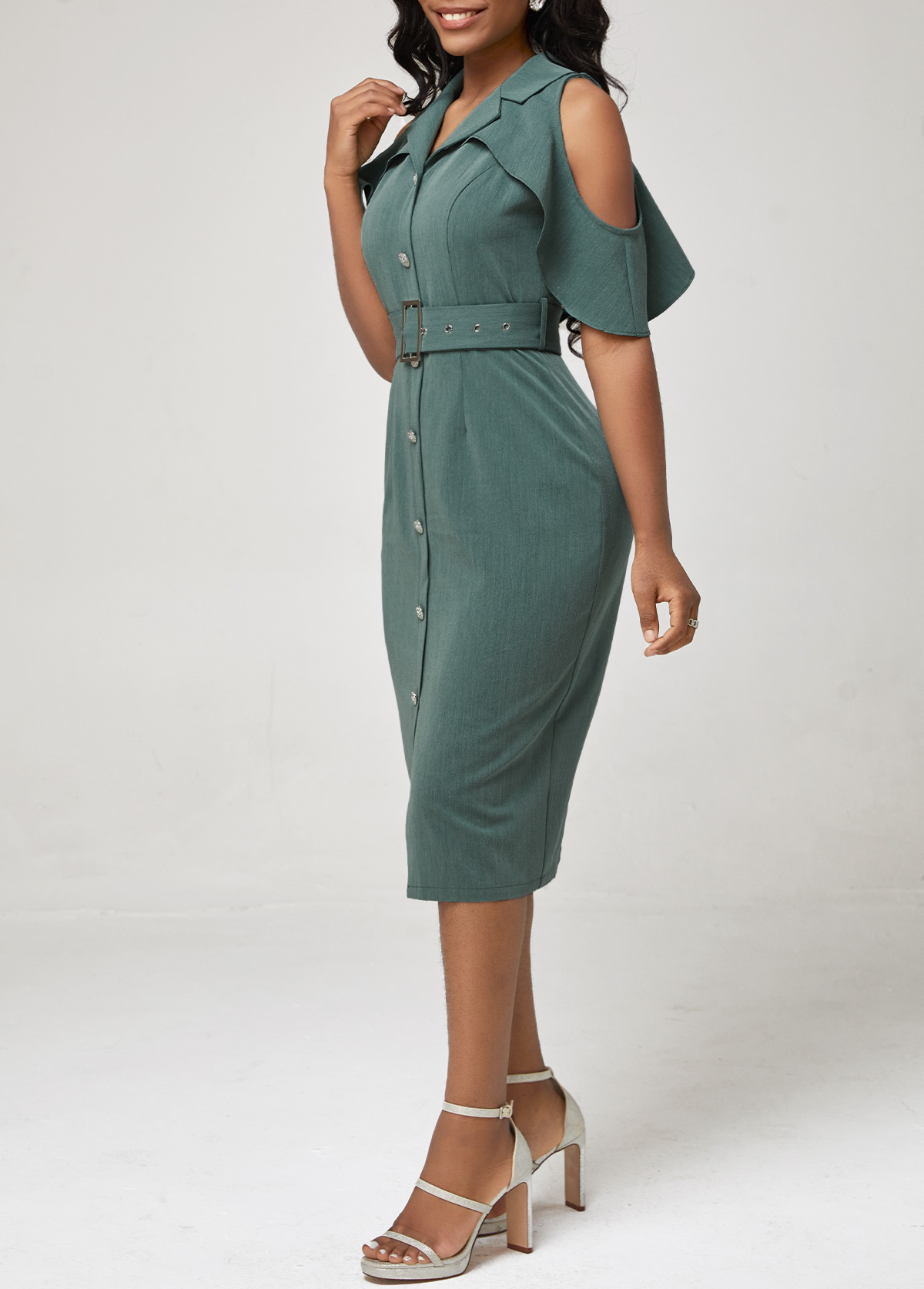 Flounce Cold Shoulder Blackish Green Dress