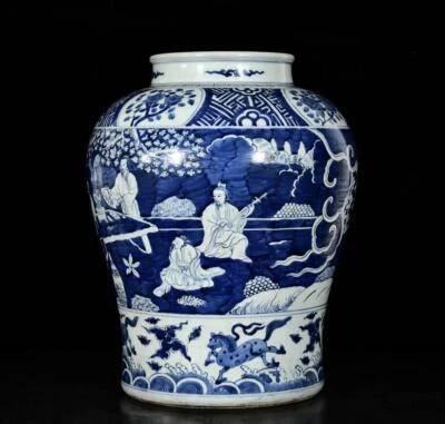 53CM Wanli Signed Old Chinese Blue and White Lid Pot W/figure N3743