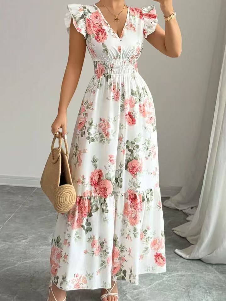 Elegant Women's Floral Cherry Print Long Dress with Hem
