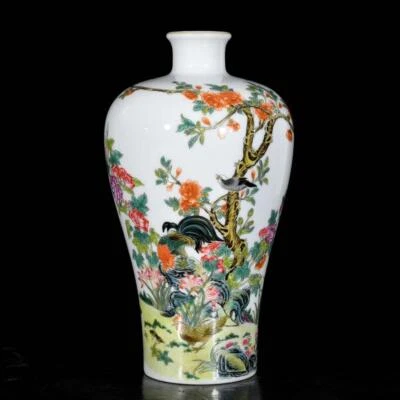 Yongzheng Signed Pair Old Chinese Colour Enamel Vase W/cock N3602