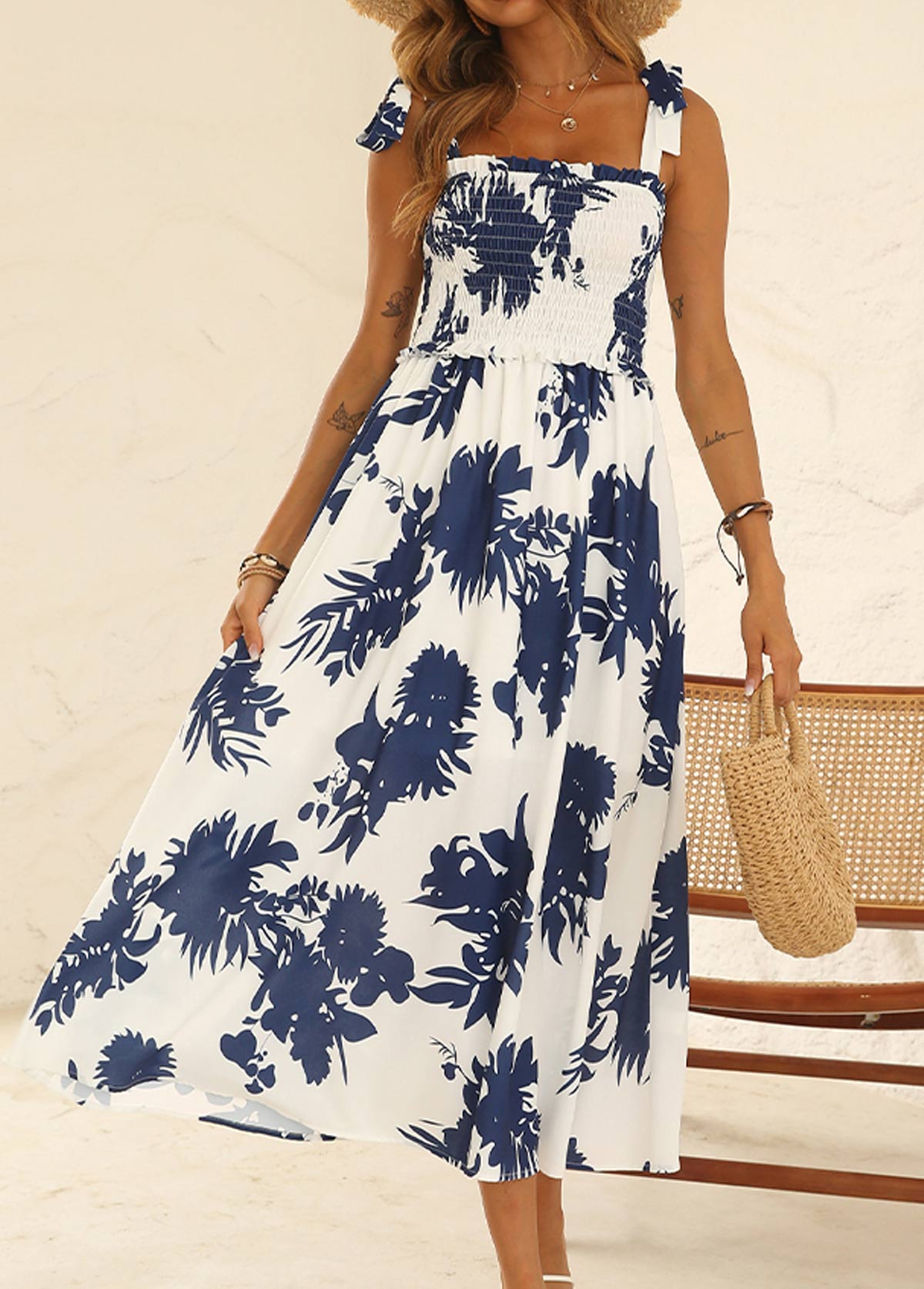 Smocked Blue Plant Print Sleeveless Dress