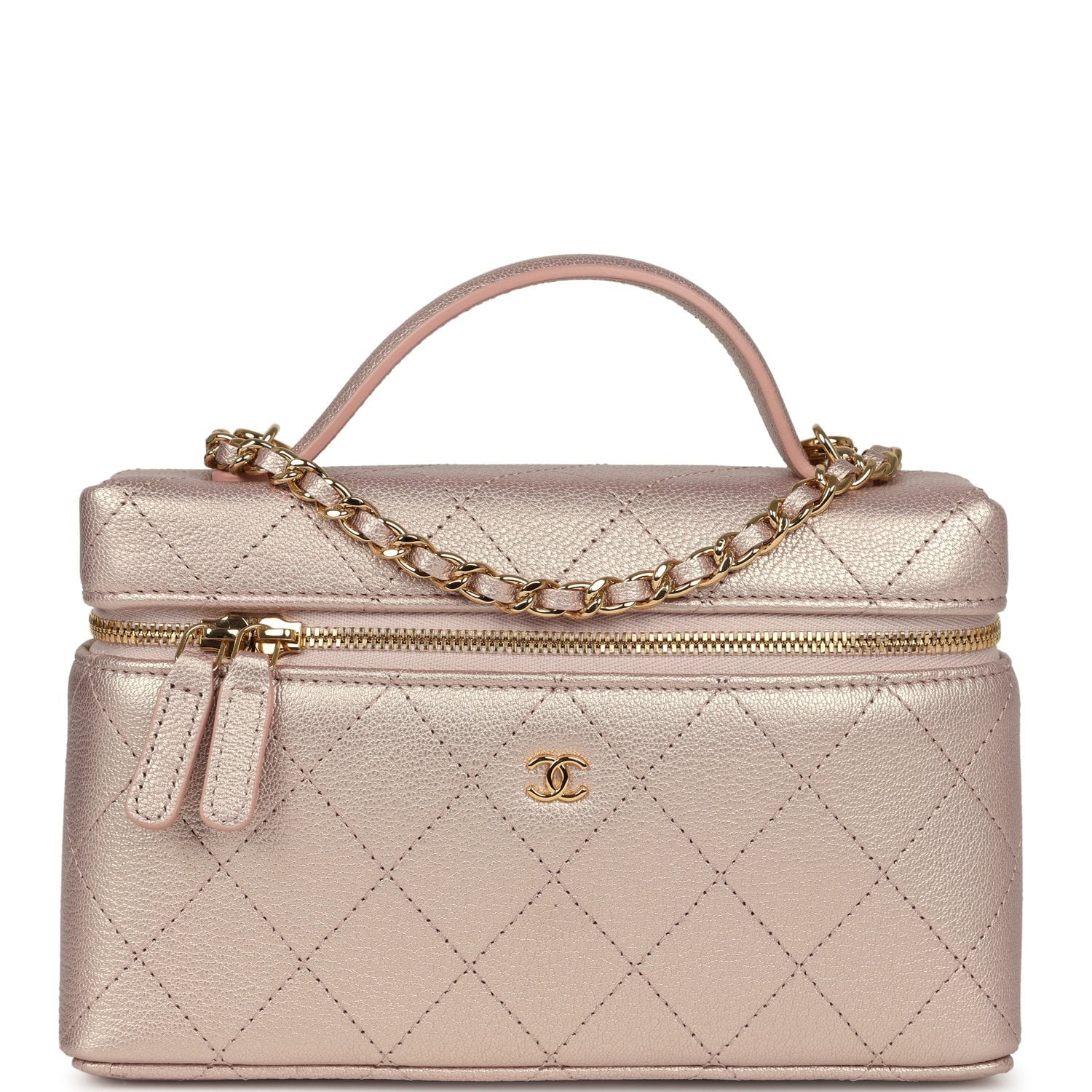 Chanel Top Handle Long Vanity Case with Chain Pink Iridescent Grained Goatskin Gold Hardware