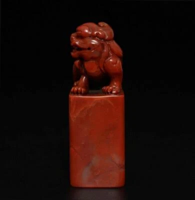 Signed Old Chinese Shoushan Stone Seal Stamp Statue w/lion 111g