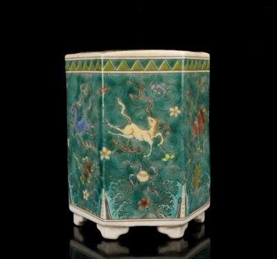 Qianlong Signed Old Chinese Three Color Brush Pot W/horse N1501