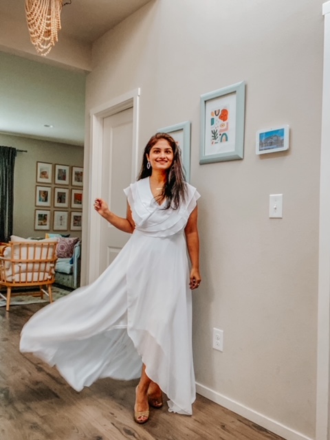 Flounce Asymmetric Hem V Neck Maxi Dress