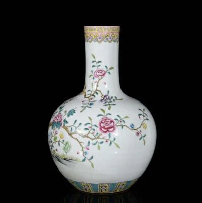41CM Qianlong Signed Old Chinese Famille Rose Vase W/bird N3394