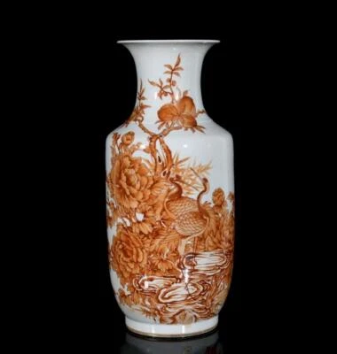 41CM Pair Kangxi Signed Old Chinese Iron Red Vase W/bird N3212