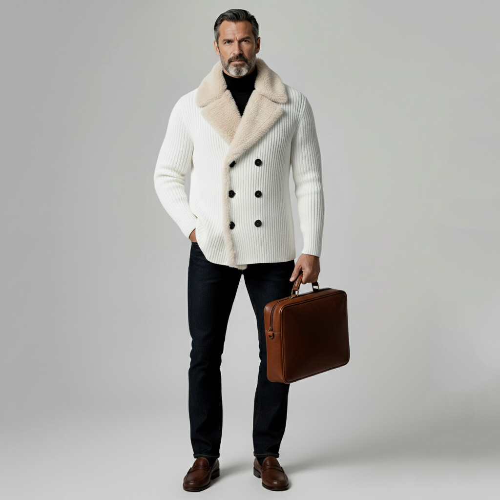 Men's White Shearling Lapel Double-Breasted Long Sleeve Ribbed Knit Blazer