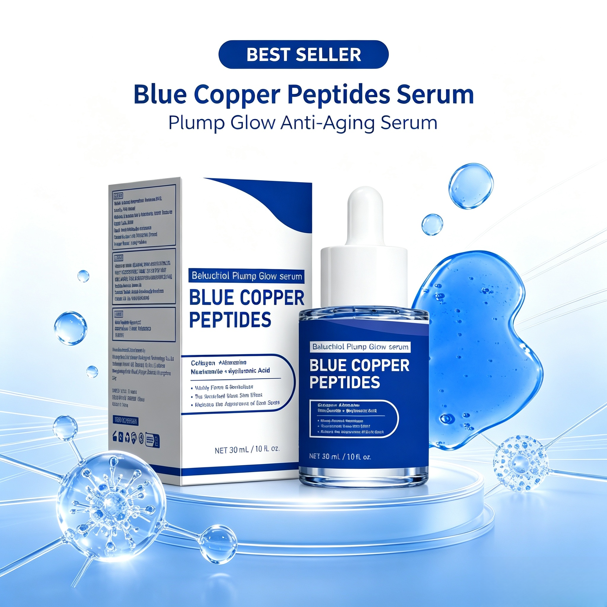 Hot Sale Blue Copper Peptides Bakuchiol Serum Niacinamide Hydrating Brightening Anti Wrinkle Revitalizing Facial Essence 30ml