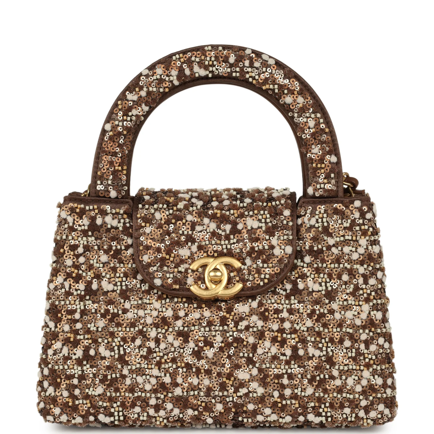 CHANEL Small Beaded Kelly Brown, White Sequin, Fabric Brushed Gold Hardware