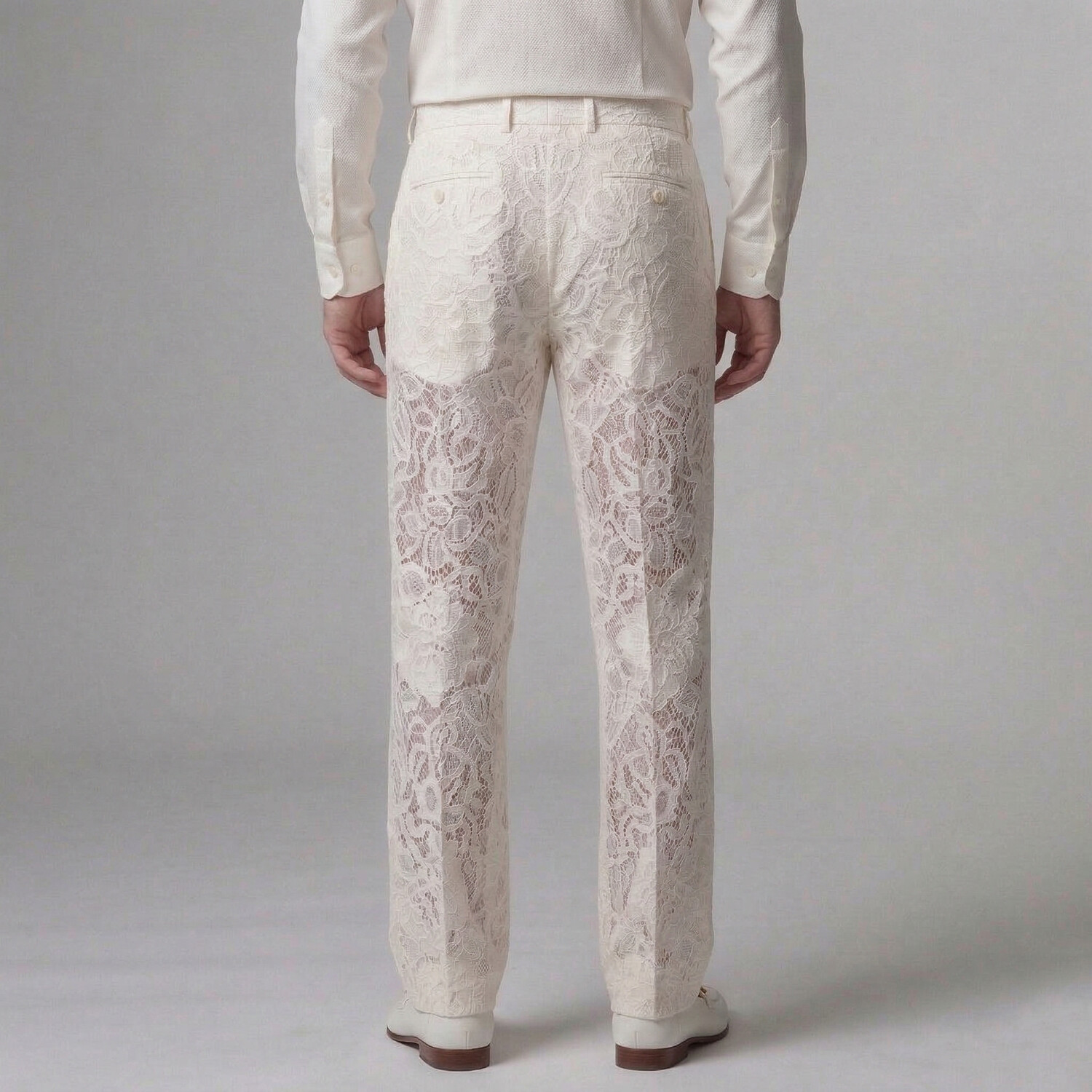 Men's White Lace Slant Pocket Straight Leg Pants