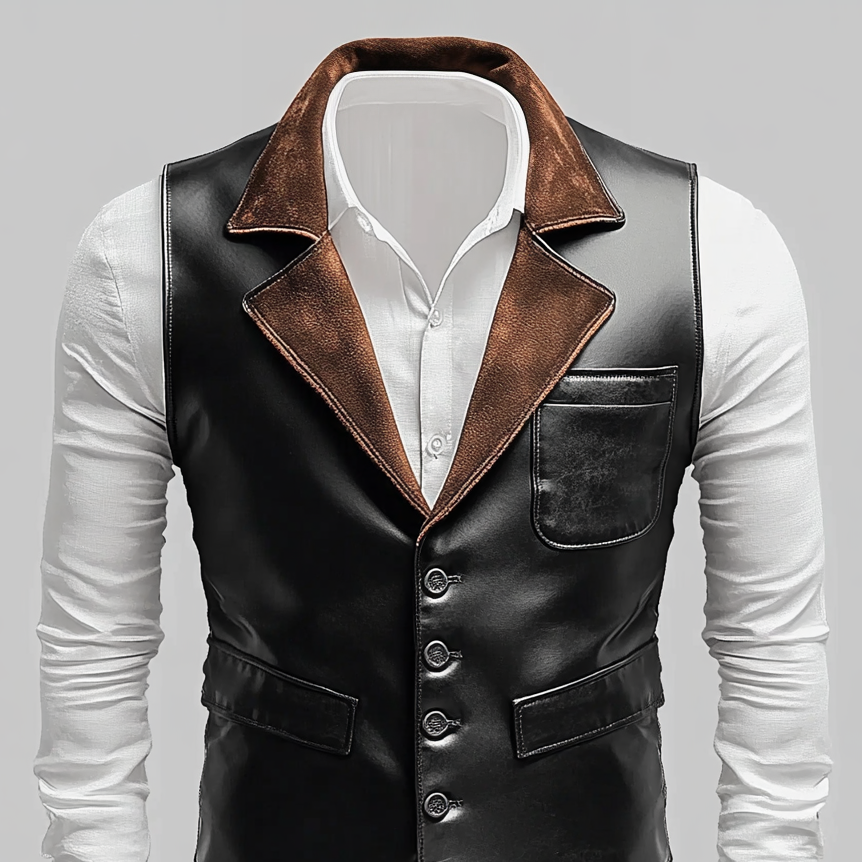 Men's PU Leather Contrast Notch Lapel Single Breasted Chest Pocket Vest