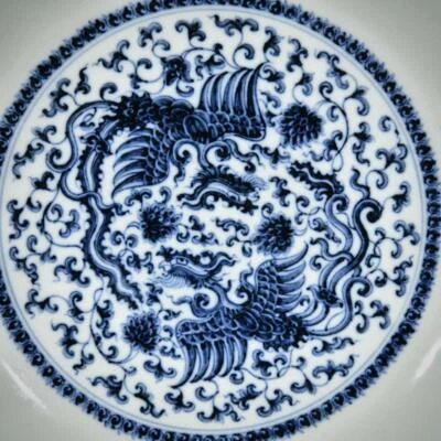 34CM Chenghua Signed Old Chinese Blue and White Dish Plate W/phoenix N3153