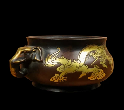 Xuande Signed Old Chinese Red Copper Handmade Incense Burner w/dragon N3875