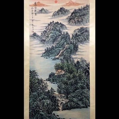 Song Wenzhi Signed Chinese Hand Painted Calligraphy Scroll w/landscape N4086