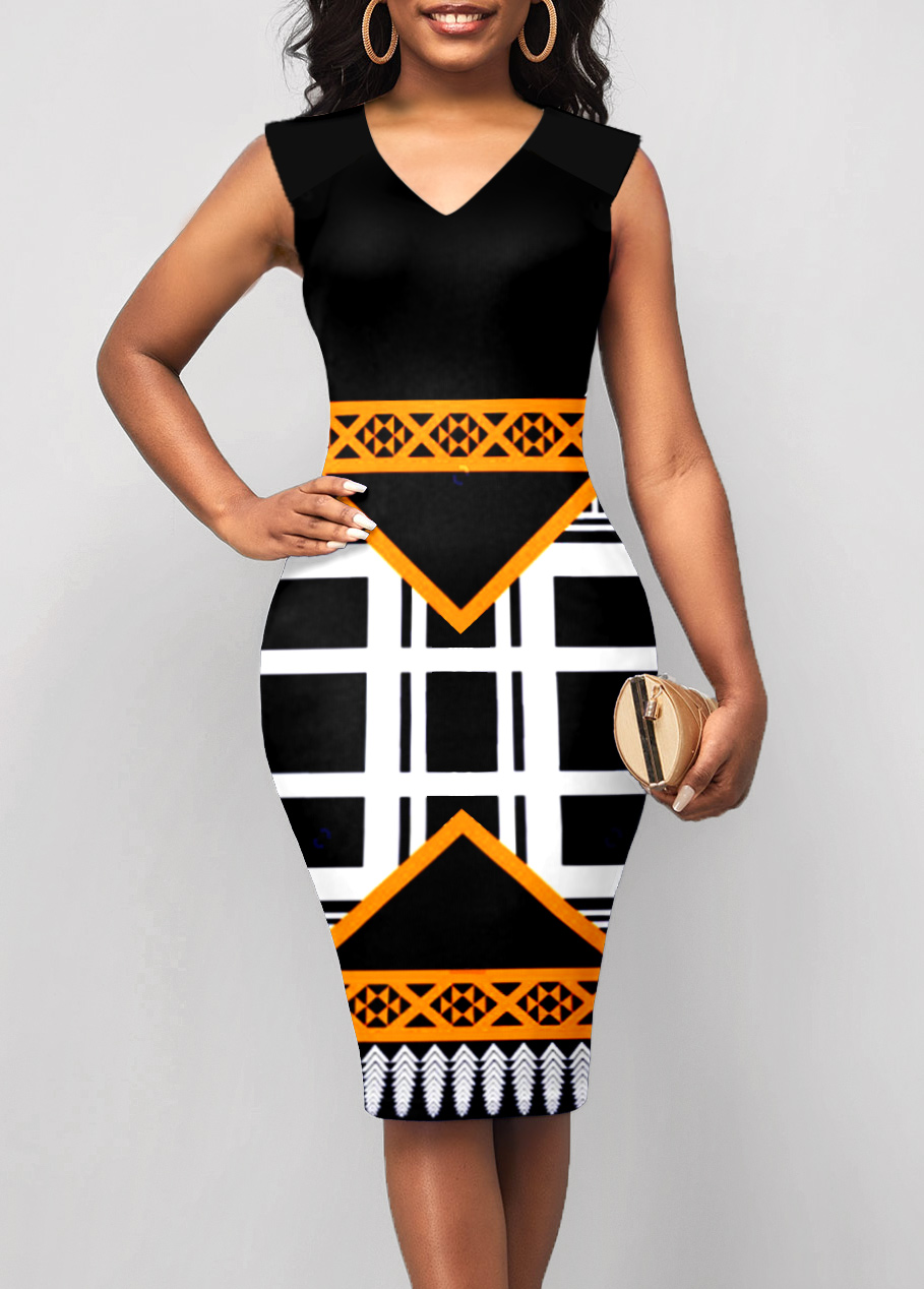 Printed Sleeveless V Neck Dress