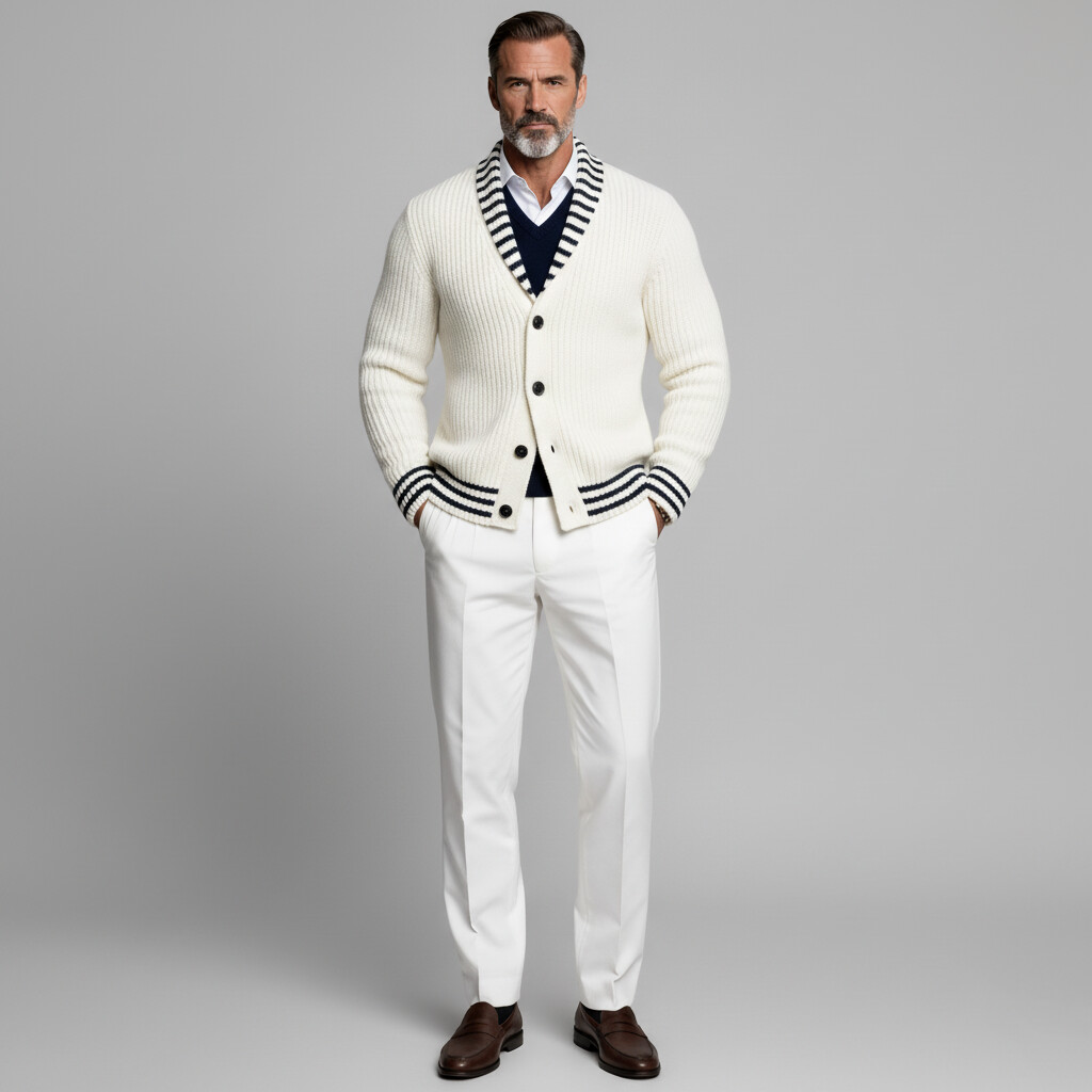 Men's Off White Striped Shawl Collar Long Sleeve Button Ribbed Knit Sweater Cardigan