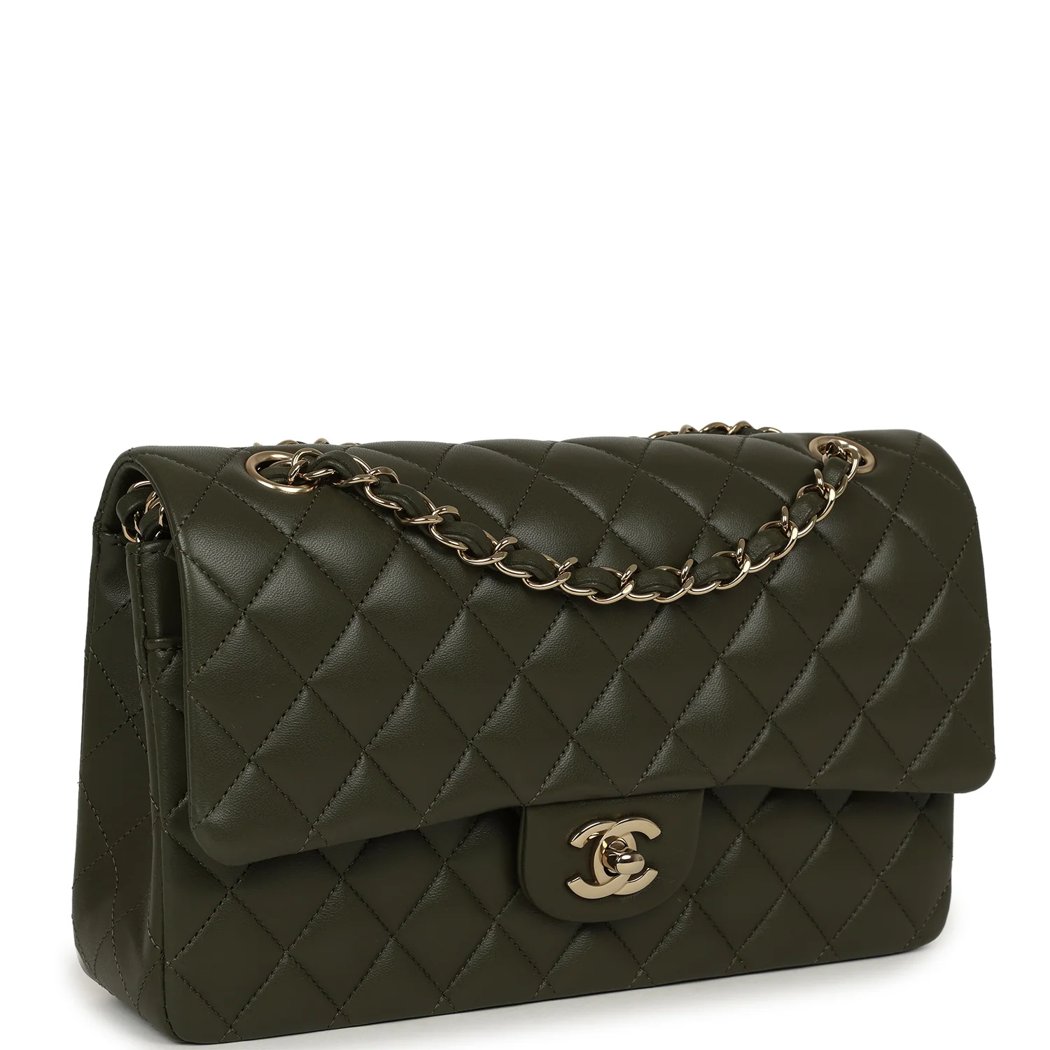 CHANEL Medium Classic Double Flap Bag Khaki Lambskin Gold Hardware