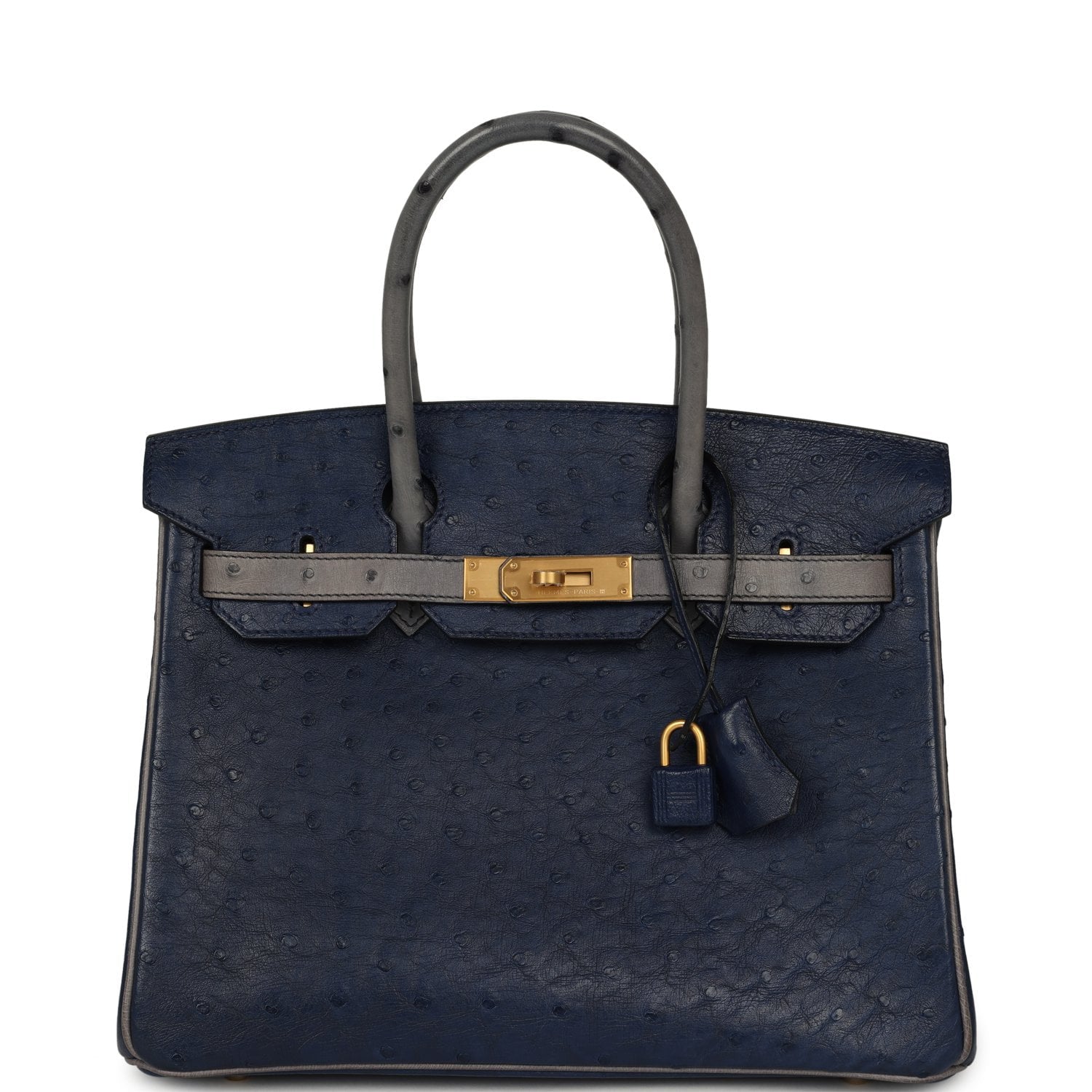 HERMÈS Special Order (HSS) Birkin 30 Bleu Iris, Gris Agate Ostrich Brushed Gold Hardware