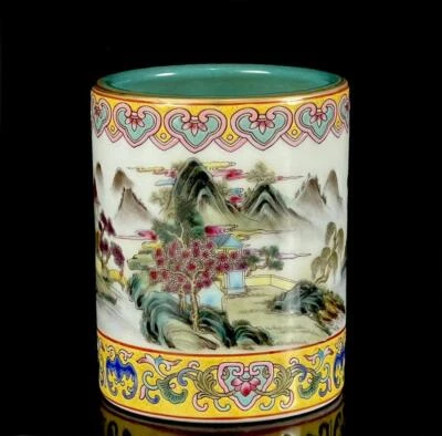 Yongzheng Signed Old Chinese Colour Enamel Brush Pot W/landscape CK174