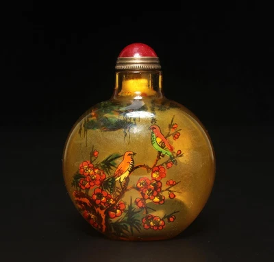 Signed Old Fine Chinese Painting Snuff Bottle w/birds
