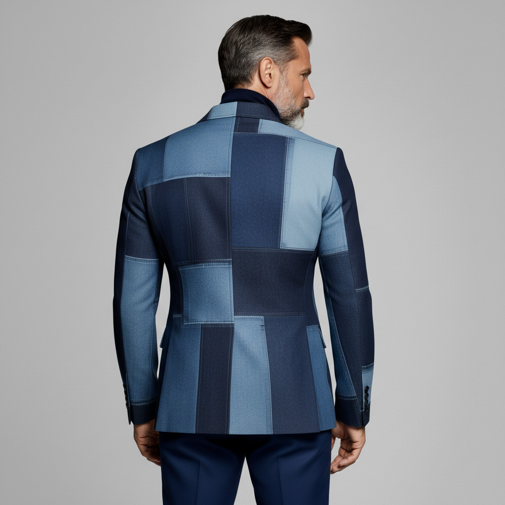 Men's Blue Graphic Patchwork Peaked Lapel Double Breasted Long Sleeve Blazer