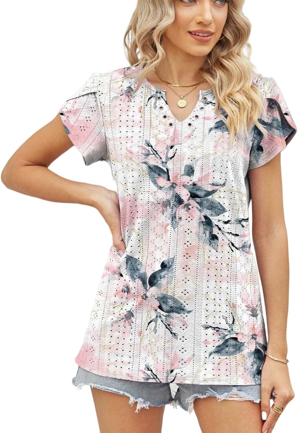 Women's Tops Summer V Neck Petal Short Sleeve Eyelet Casual Loose Tunic Blouses Floral Pointelle Hollow Out Tee Shirts