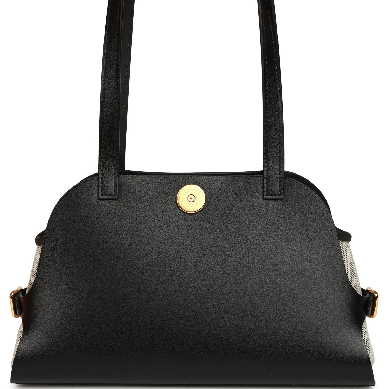 Hermes Tablier Sellier Black Vache Hunter, Swift, Ecru-Black Toile H Gold Hardware