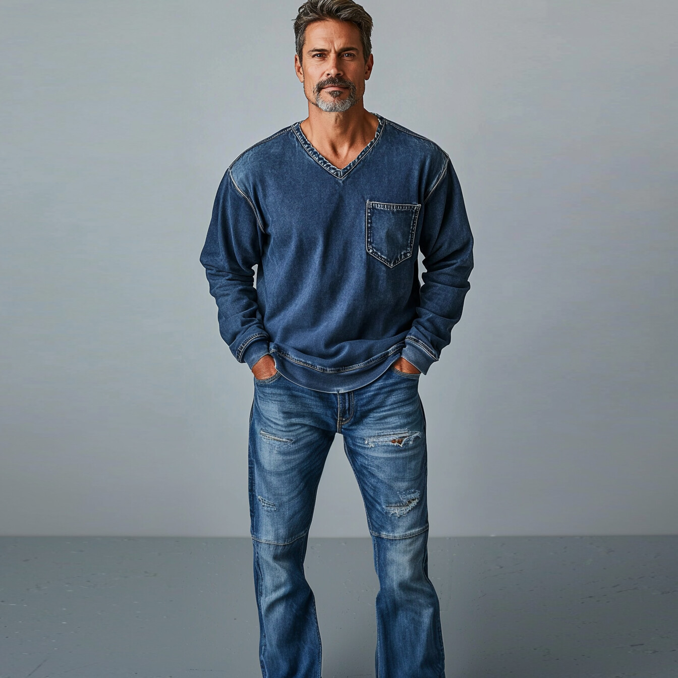 Men's Denim V Neck Chest Pocket Long Sleeve Sweatshirt