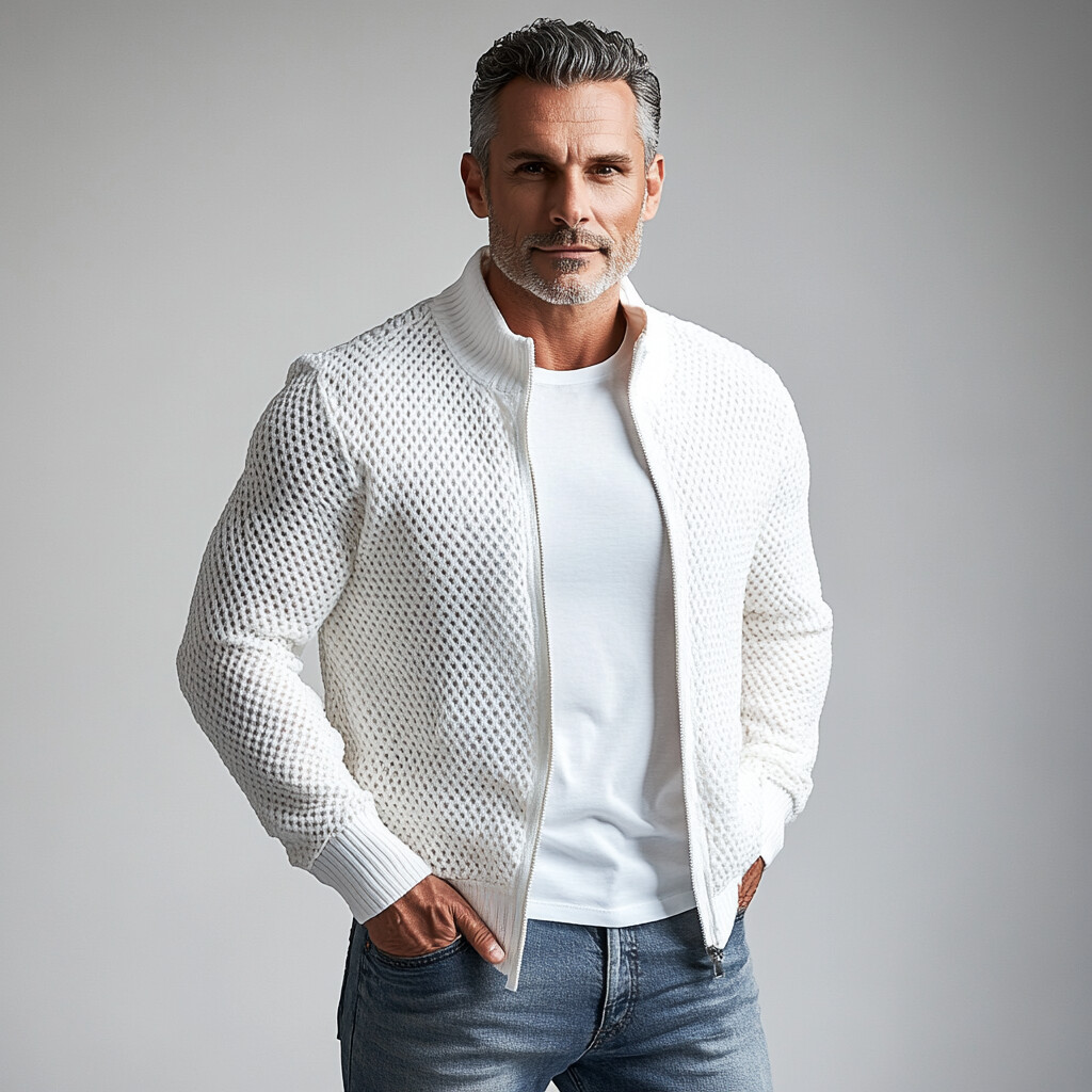Men's Stand Collar Long Sleeve Hollow Out Knitted Zip Up Jacket