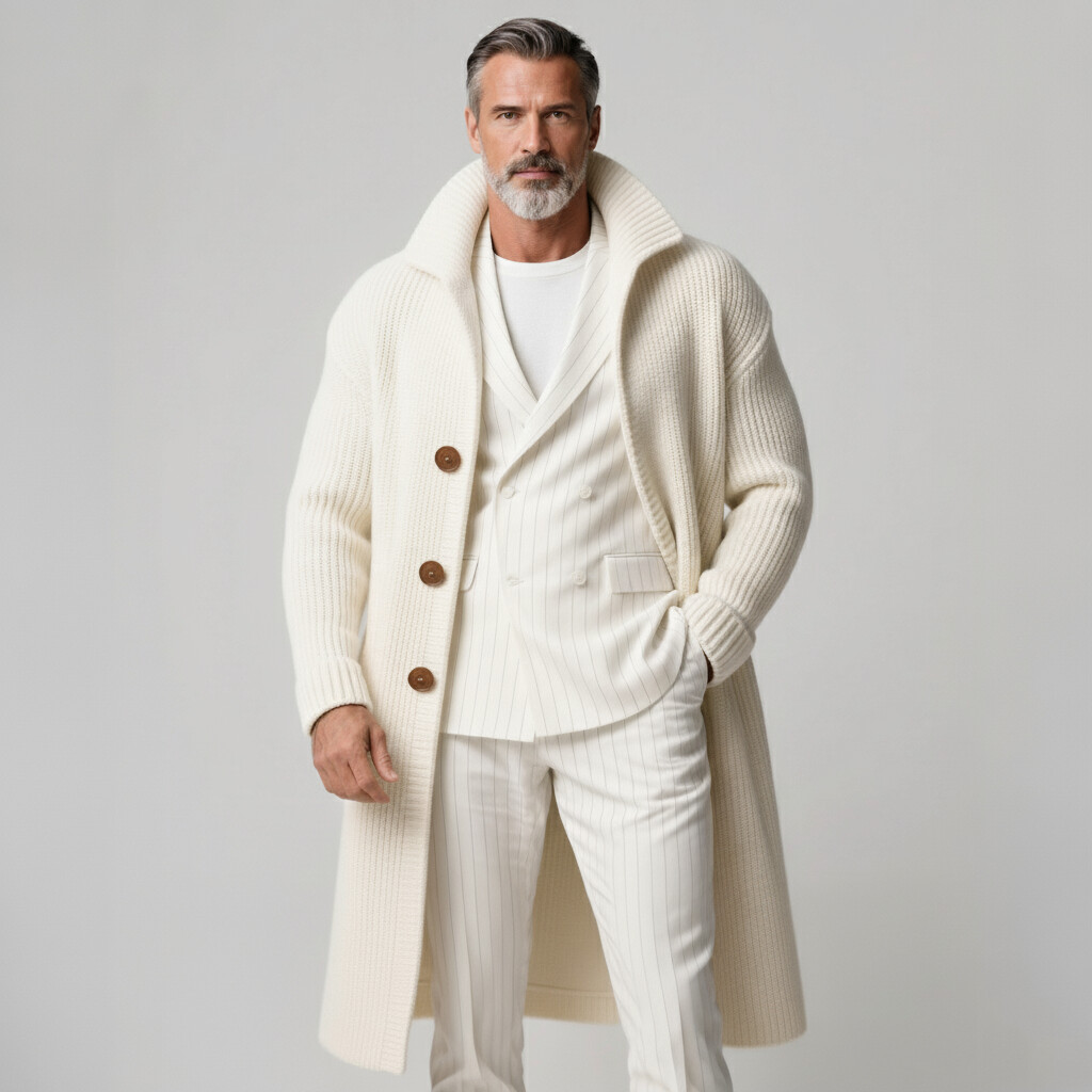 Men's Off White Ribbed Knit Turndown Collar Long Sleeve Button Mid-Length Sweater Overcoat