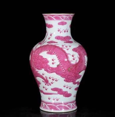 45CM Qianlong Signed Old Chinese Carmine Red Glaze Vase w/dragon N3716