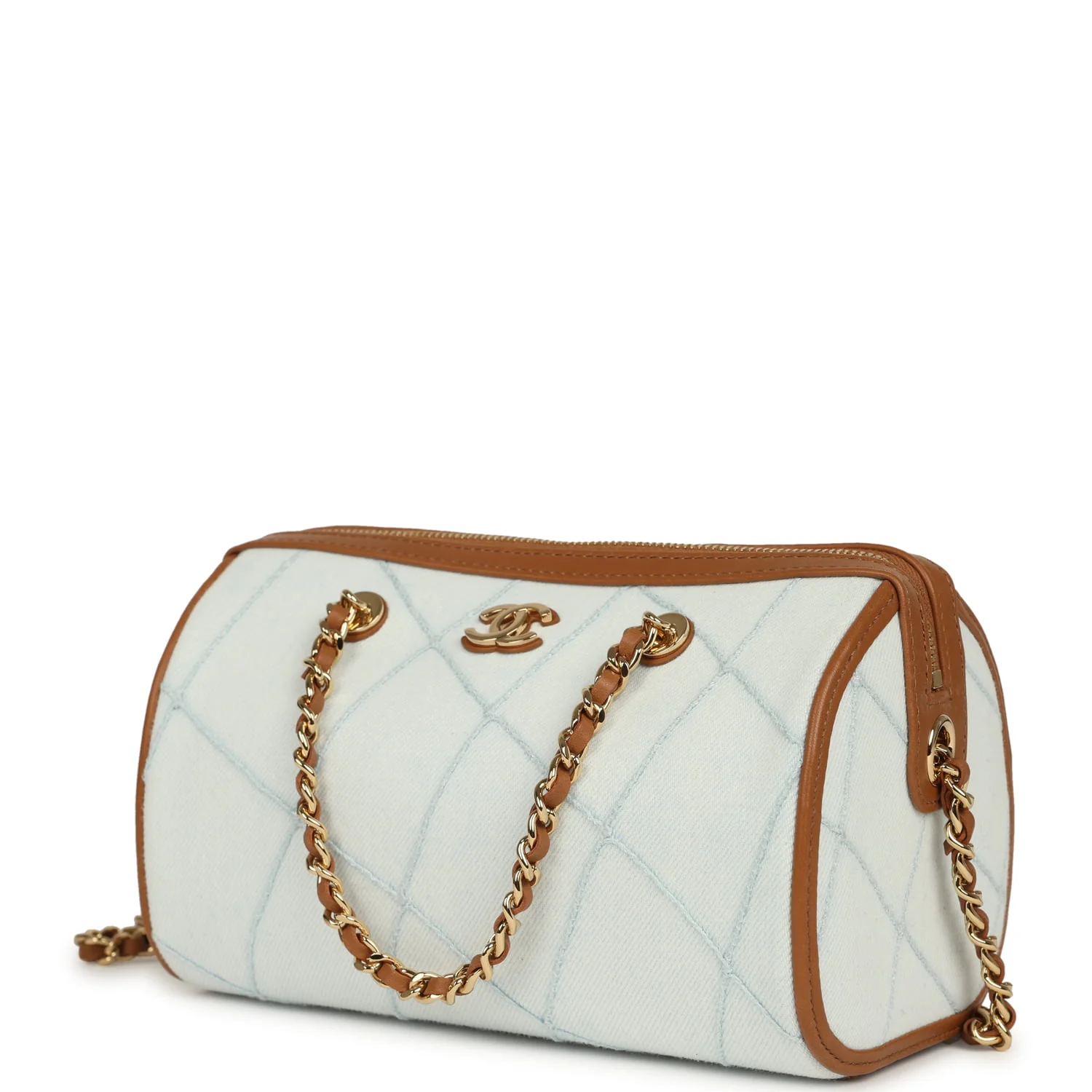Chanel Coco Beach Mini Timeless Classic Barrel Bag with Chain Light Blue Denim and Brown Calfskin Gold Hardware
