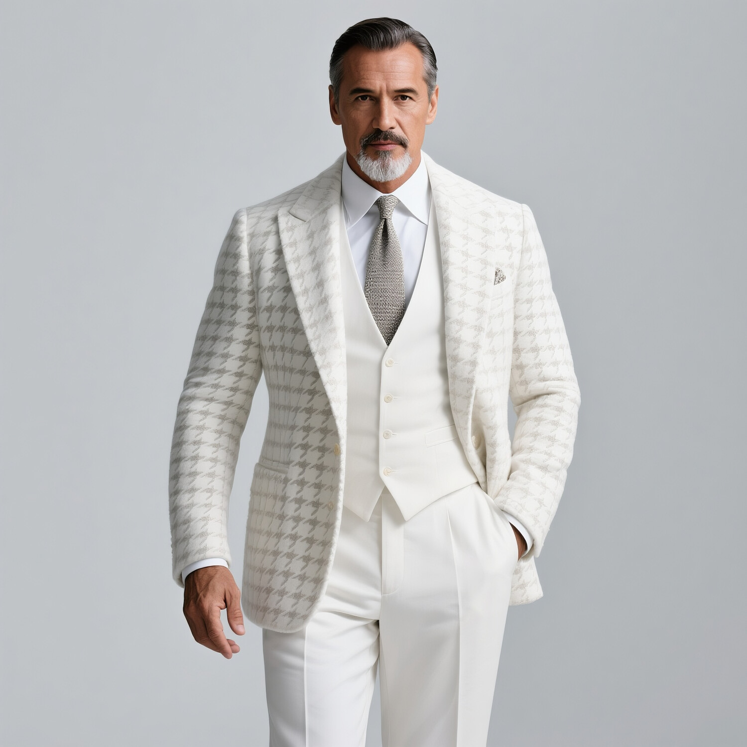 Men's Business Peak Lapel Long Sleeve Single Breasted Chest Pocket Houndstooth Pattern Blazer