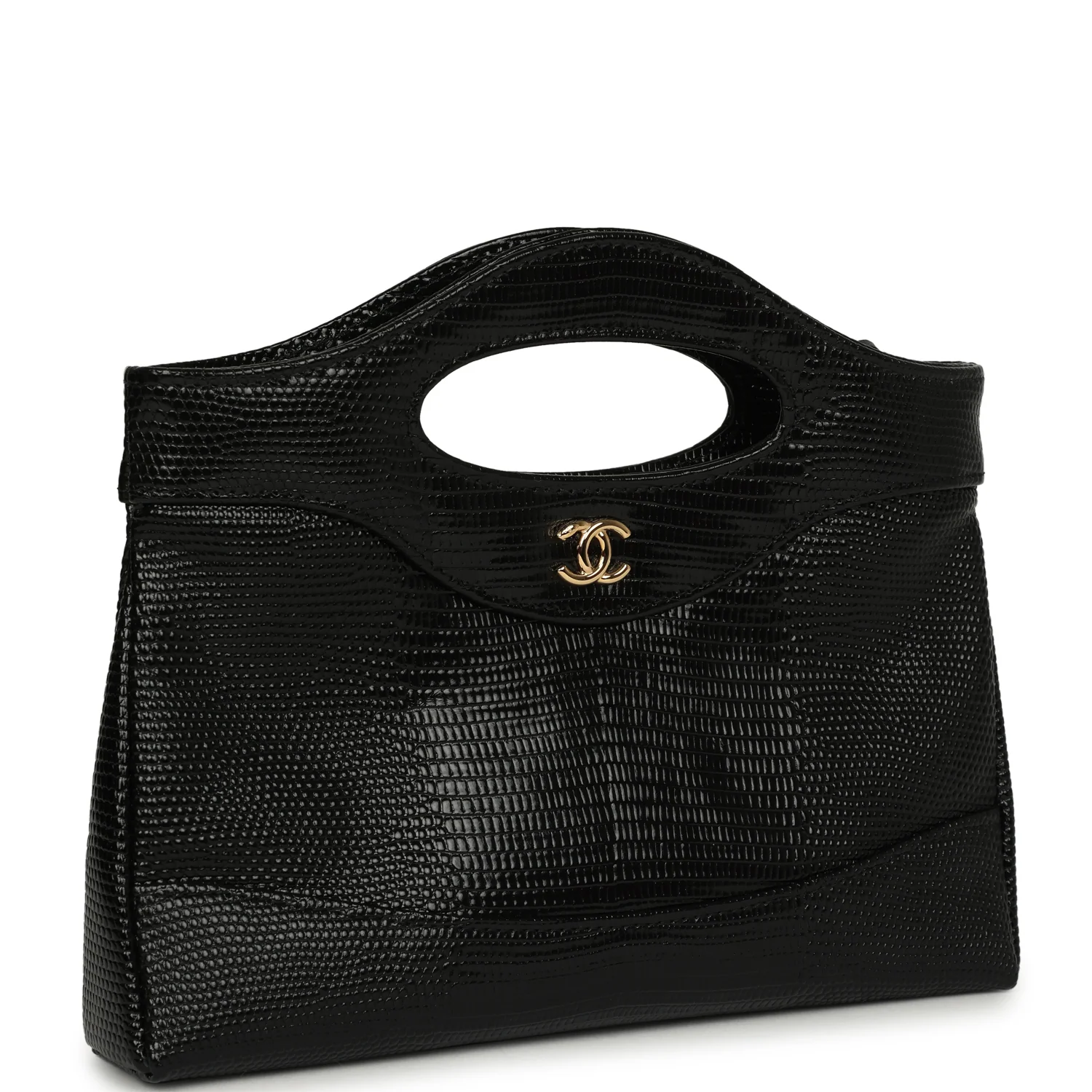 CHANEL 31 Clutch With Chain Black Lizard Embossed Calfskin Gold Hardware