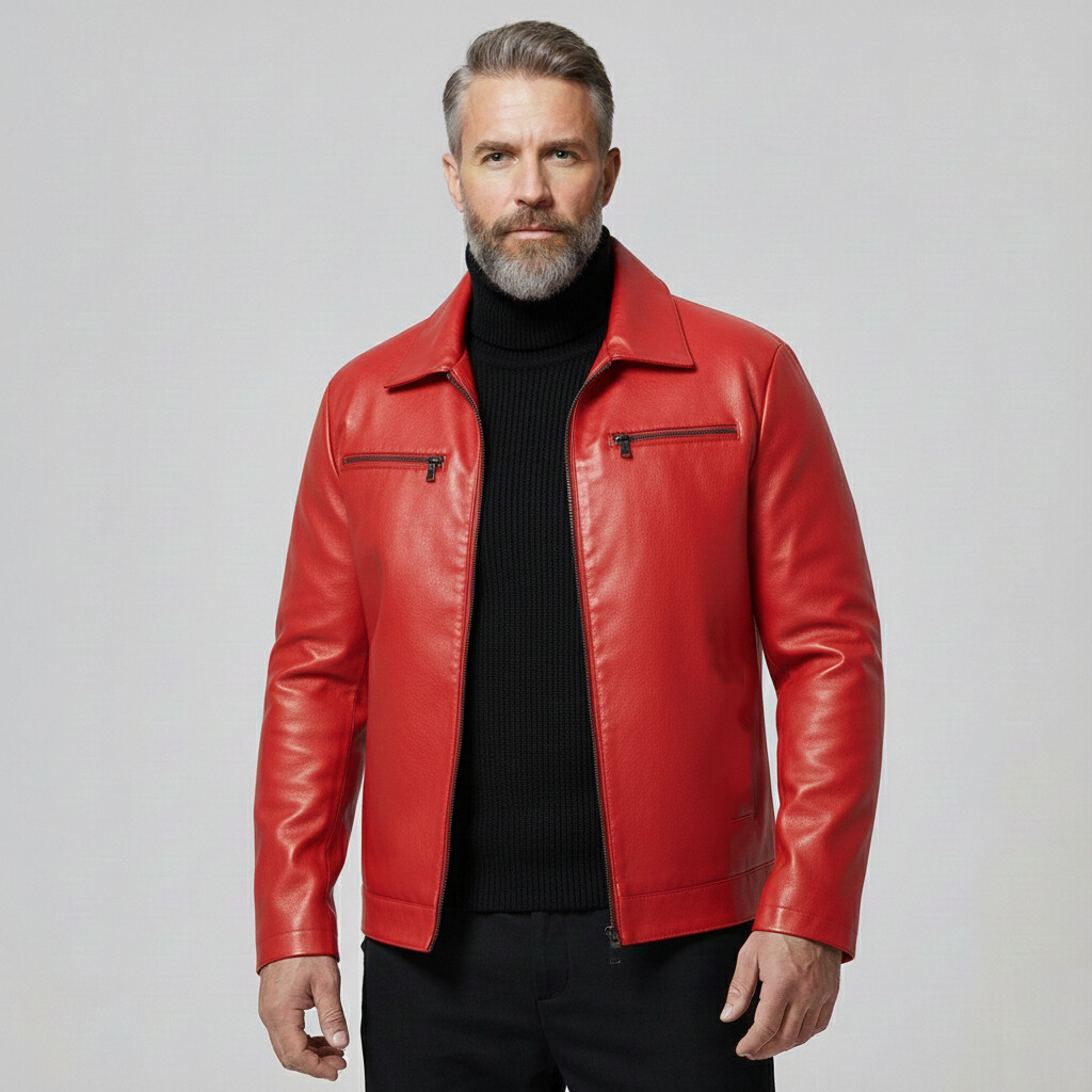 Men's Fashion PU Leather Red Shirt Collar Chest Pocket Zip Up Long Sleeve Jackets